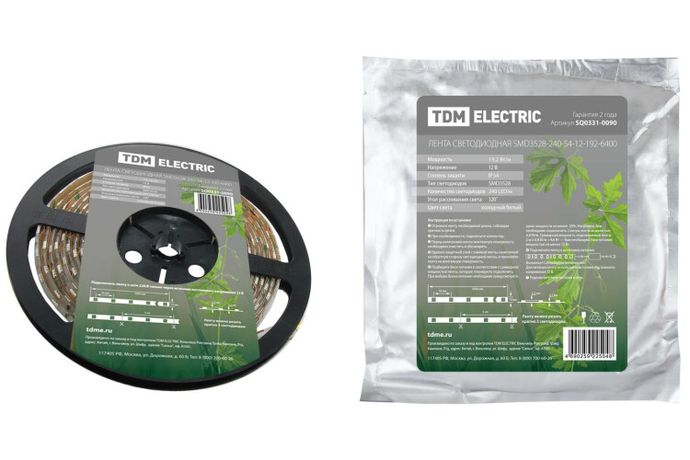Лента светодиодная SMD3528-240-54-12-192-6400 240LED/м, IP54, 12В, 19,2Вт, 6400К, | SQ0331-0090 TDM