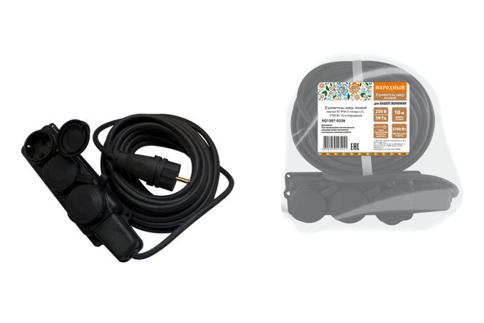 КГ IP44 3 гнезда с/з 3700 Вт 10м Народный | SQ1307-0226 TDM Удлинитель-шнур силовой каучук