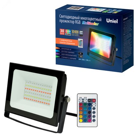 Прожектор светодиодный ULF-F60-30W/RGB IP65 200-240В BLACK мультиколор пульт ДУ (в/к) черн. Uniel UL-00007122