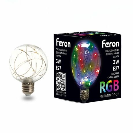 Лампа светодиодная LED 3вт Е27 прозрачный RGB шар G80 - LB-381 FERON 41676
