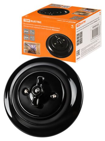 Выключатель скрытой установки фарфоровый поворотный перекрёстный с ручкой (бантик) 10А черный «Болон | SQ1820-0215 TDM