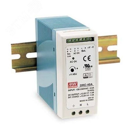Блок питания AC-DC с функцией UPS, 60Вт, вход 90-264В АС,127-370В DC, выход 1: 13.8В,0-4.3 (2.8 ном.) А, зарядного устройства 13.8В,1.5А, в корпусе - Т02248793 Mean well DRC-60A