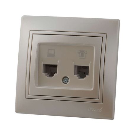 Розетка компьютерная + телефонная 2-м СП Mira RJ45 RJ11 IP20 со вставкой жемчуж./бел. перламутр. LEZARD 701-3030-143