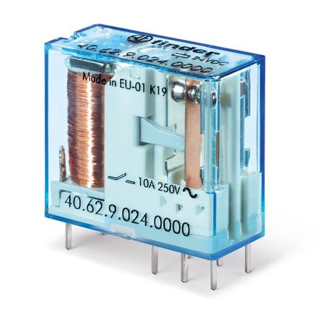 Миниатюрное универсальное электромеханическое реле, монтаж на печатную плату или в розетку, выводы с шагом 5мм, 2CO 10A, контакты AgNi, катушка 24В DC, степень защиты RTII, упаковка 10шт. - 406290240000PAC FINDER 40.62.9.024.0000PAC