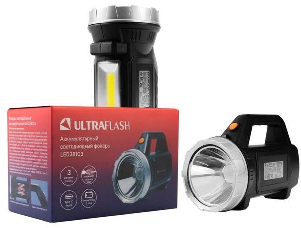 Фонарь аккумуляторный LED38103 18650/3xAA LED+COB 3 реж. Type-C пластик. коробка черн. Ultraflash 16218 Ultraflash арт. 16218
