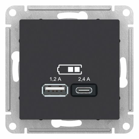 РОЗЕТКА USB ATLASDESIGN A+С, 5В/2,4А, 2х5В/1,2 А, механизм, КАРБОН - ATN001039 APC