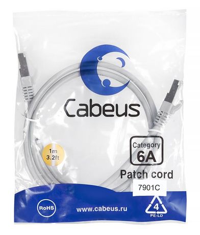 Патч-корд PC-SSTP-RJ45-Cat.6a-1m-LSZH S/FTP, категория 6а (10G), 2xRJ45/8p8c, экранированный, серый, LSZH, 1м - 7901c Cabeus