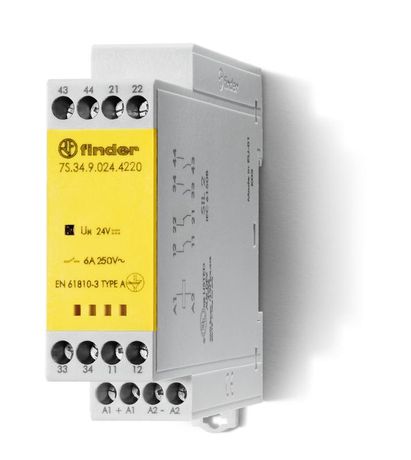 Модульное электромеханическое реле безопасности (реле с принудительным управлением контактами), 2NO+2NC 6A, контакты AgSnO2, катушка 110В DC, винтовые клеммы, ширина 22.5мм, степень защиты IP54 - 7S3491104220 FINDER 7S.34.9.110.4220