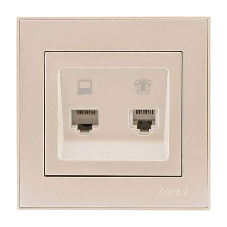 Розетка компьютерная + телефонная 2-м СП Rain RJ45 RJ11 крем. LEZARD 703-0303-143
