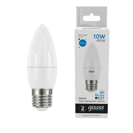 Лампа светодиодная LED 10 Вт 750 лм 6500К AC180-240В E27 свеча холодная Elementary Gauss - 30230