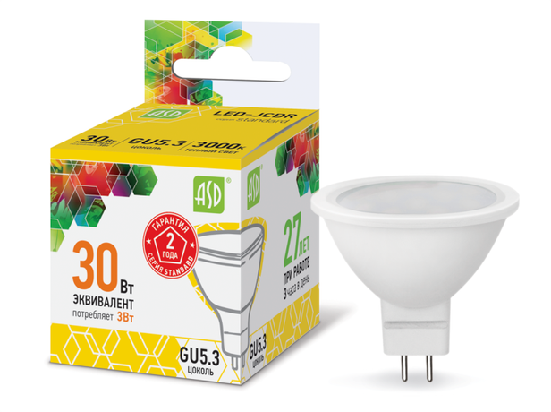 Лампа светодиодная LED-JCDR-standard 3Вт 3000К тепл. бел. GU5.3 270лм 160-260В ASD 4690612002248