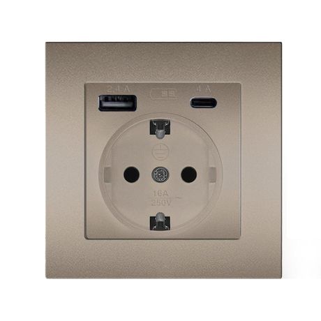 Розетка СП Афина 16А с заземл. 2-мя заряд. устр. USB 5В тип А(2.4А)+С(4А) в сборе шампань Universal А0056-Br Союз