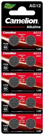Элемент питания алкалиновый "таблетка" LR43/386A/186/G12 Mercury Free AG12-BP0%Hg для часов BL-10 (блист.10шт) Camelion 12820