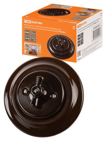 Выключатель скрытой установки фарфоровый поворотный 2-кл. с ручкой (бантик) 10А коричневый «Болонь» | SQ1820-0415 TDM