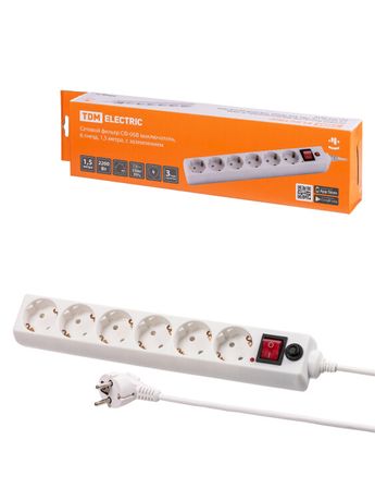 Сетевой фильтр СФ-06В выключатель 6 гнезд 1,5 метра с/з ПВС 3х0,75мм2 10А/250В белый | SQ1304-0019 TDM