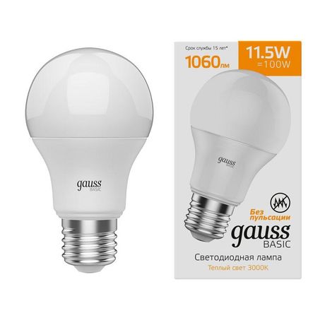Лампа светодиодная LED 11.5 Вт 1060 лм 3000К А60 груша теплый E27 AC 180-240В IP20 Basic Gauss - 1023212