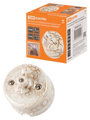 Выключатель фарфоровый поворотный 2-кл. с ручкой (бантик) 10А мраморный «Болонь» | SQ1820-0110 TDM