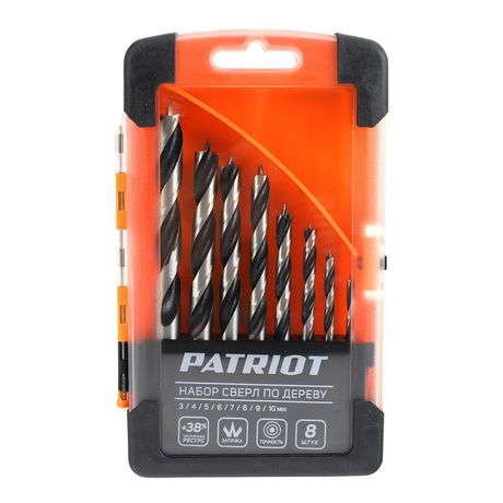 Набор сверл по дереву спиральные W-образ. заточка 8шт: 3; 4; 5; 6; 7; 8; 9 10мм в пластиковом боксе PATRIOT 815010103