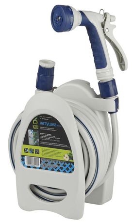 Катушка компактная с ручкой для переноса и хранения шланга + шланг 9.5мм (3/8)х10м пистолетом-распылителем 7 реж. пластик. коннекторами (1/6) Green Apple Б0003110 ЭРА