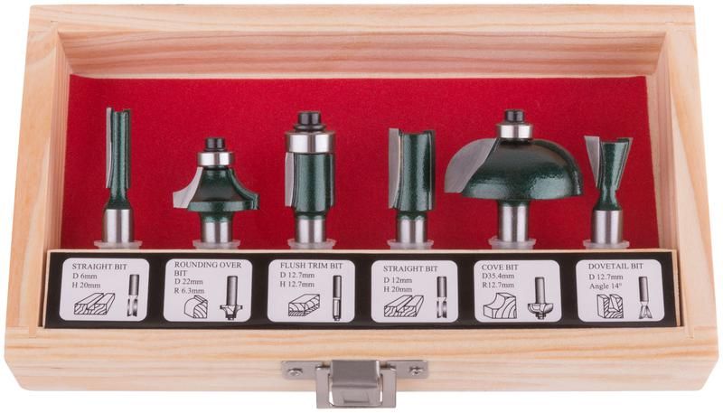 Фрезы по дереву кромочные набор 6шт деревянный бокс хвостовик 8мм (уп.6шт) FIT 36568 РОС