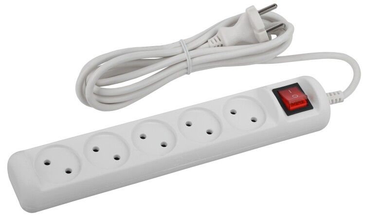 Удлинитель электрический U-5s-1,5m-2x1 без заземления c выключателем 5 розеток 1,5м ПВС 2x1мм2 10А - Б0044055 ЭРА