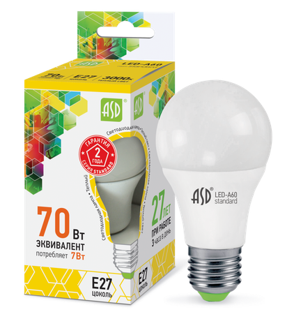 Лампа светодиодная LED-A60-standard 7Вт грушевидная 3000К тепл. бел. E27 630лм 160-260В ASD 4690612001692