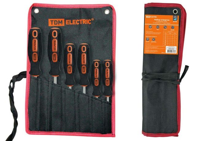 Набор отверток 6 шт.: SL:3х75;5х100;6х125, PH:0х75;1х75;2х100 (тканевый чехол), CR-V "Алмаз" | SQ1013-0203 TDM
