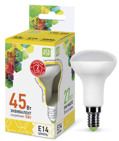 Лампа светодиодная LED-R50-standard 5Вт 3000К тепл. бел. E14 450лм 160-260В ASD 4690612001531