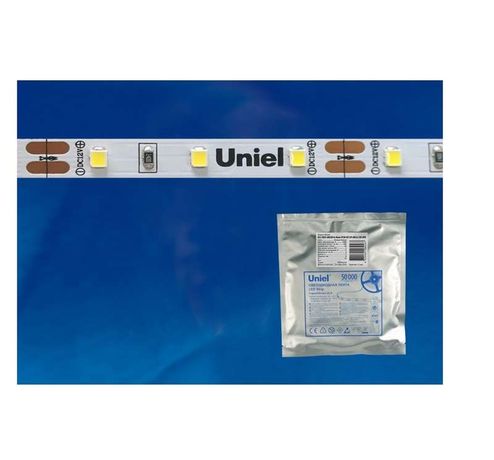 Гибкая светодиодная лента на самоклеящейся основе. ULS-2835-60LED/m-8mm-IP20-DC24V-6W/m-5M-DW Катушка 5 м. в герметичной упаковке. Дневной белый свет (6500K). ТМ Uniel. - UL-00002969