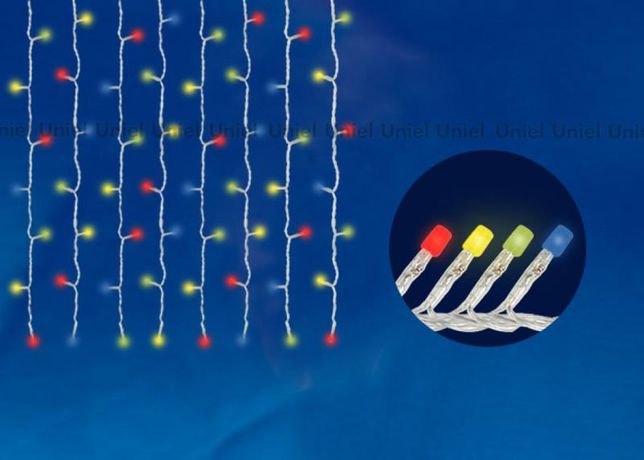 Занавес светодиодный с контроллером 1.5х1.5м 160 светодиодов Разноцветный свет Провод прозрачный - UL-00005268 Uniel