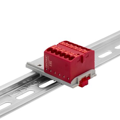 Блок распределительный с вертикал. адаптером на рейки шириной 15/35мм зажим push-in 12 точек подключения 2.5кв.мм красн. DKC DTP1-012-04SPUR-V ДКС