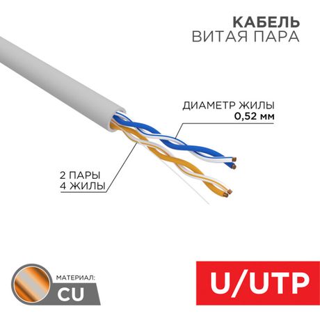 Кабель витая пара, U/UTP, CAT 5e, ZH нг(А)-HF, 2х2х0,52мм, 24AWG, INDOOR, SOLID, серый, 305м REXANT PRO | 02-0002 MEET