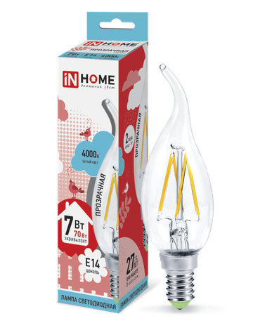 Лампа светодиодная LED-СВЕЧА НА ВЕТРУ-deco 7Вт свеча ветру прозрачная 4000К нейтр. бел. E14 810лм 230В IN HOME 4690612007670