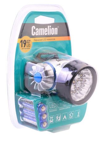 Фонарь налобный LED 5323-19Mx 19 ультра-ярких 4 режима 3хR03 (в компл.) металлик Camelion 8138