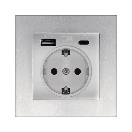 Розетка СП Афина 16А с заземл. 2-мя заряд. устр. USB 5В тип А(2.4А)+С(4А) в сборе серебр. Universal А0056-S Союз