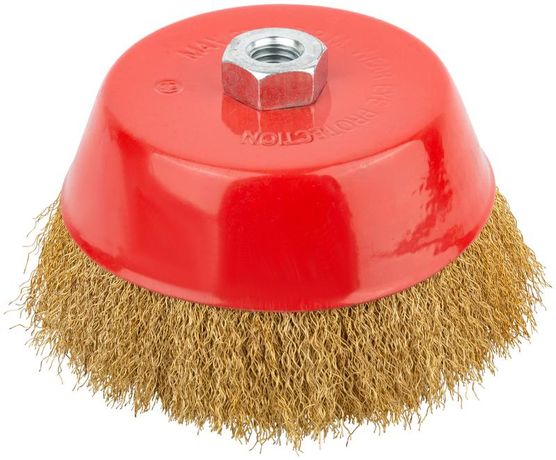 Корщетка чашечная гайка М14 стальная латунированная волнистая проволока 150мм КУРС 39040