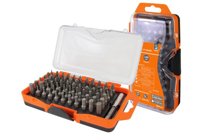 Набор бит №4, 66 бит: SL, PH, PZ, HEX, TORX, SQ, удлинитель, сталь CR-V, в пласт. держ.«Алмаз» | SQ1019-0104 TDM