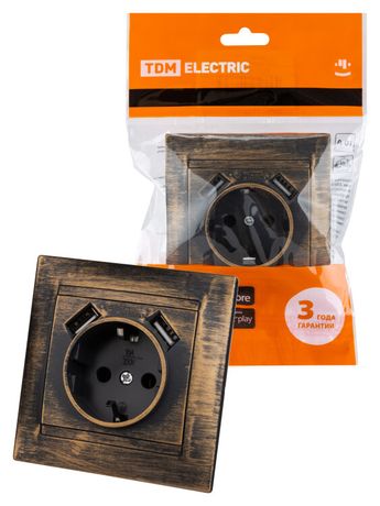 Розетка 2П+З 16А 250В + 2 USB порта 2,1А 5В старинная бронза "Лама" | SQ1815-0772 TDM