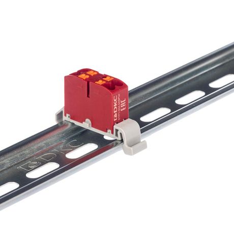 Блок распределительный с гориз. адаптером на рейку шириной 35мм, зажим push-in, 4 точки подключения 2,5 кв.мм, красный - DTP1-004-04SPUR-H ДКС