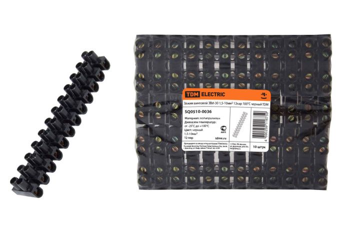 Зажим винтовой ЗВИ-30 полипропилен 1,5-10мм2 12пар 100°С черный | SQ0510-0036 TDM