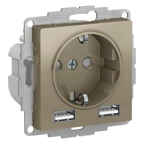 Розетка 1-м СП AtlasDesign 16А IP20 с 2-мя заряд. устройствами USB тип A+A 5В/2.4А 2х5В/1.2А механизм шампань SE ATN000530 APC