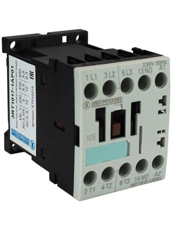Контактор электромагнитный 3RT1017-1AP01, 3-пол., 12A, AC-3, 5,5кВт/400V, 1НO, 230V AC, 50Гц, типоразмер S00, винтовые клеммы, IP20 - ET012215 Электротехник