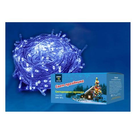 Гирлянда светодиодная с контроллером, 15м. 100 светодиодов. ULD-S1500-100/DTA BLUE IP20 Синий свет. Провод прозрачный. ТМ Uniel - UL-00005255
