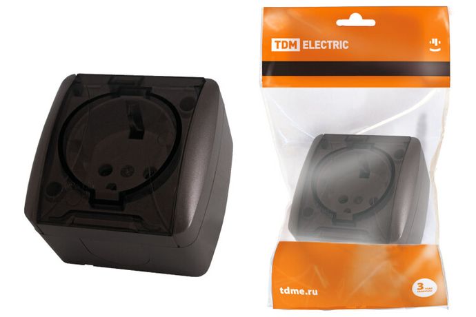 Розетка 2П+3 открытой установки IP54 16А с прозрачной крышкой шоколад "Селигер" | SQ1818-0207 TDM