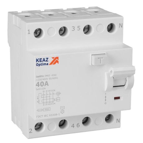 Выключатель дифференциального тока (УЗО) без защиты от сверхтоков 4П 40А 30мА AС 4,5кА OptiDin DM63-4240-AC-4,5-УХЛ4 - 343892 КЭАЗ