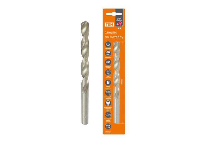 Сверло по металлу, 10 мм, полир., HSS, класс точн. В, 118⁰, цилиндр. хв., блистер 1 шт, "Рубин" | SQ1090-0109 TDM