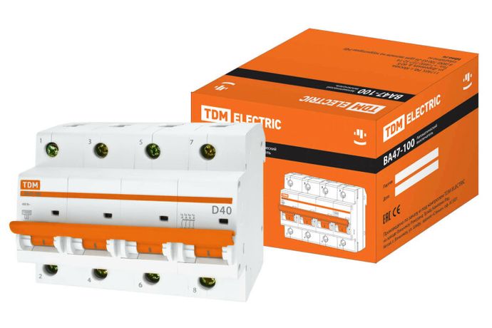 Выключатель автоматический ВА47-100 четырехполюсной 40А 10кА характеристика D - SQ0207-0040 TDM