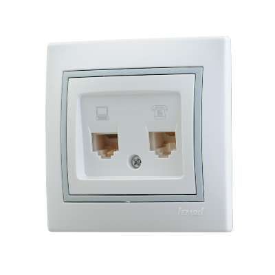 Розетка компьютерная + телефонная 2-м СП Mira RJ45 RJ11 IP20 с сер. вставкой бел. LEZARD 701-0215-143