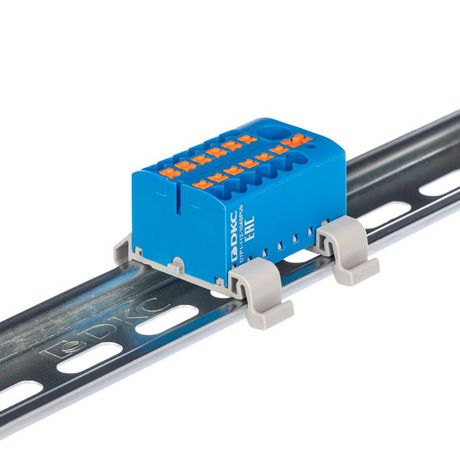 Блок распределительный с гориз. адаптером на рейку шириной 35мм, зажим push-in, 1 ввод 6 кв.мм, 12 точек подключения 2,5 синий - DTP1-112-104SPUB-H ДКС