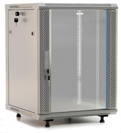 Шкаф настенный (19дюйм) 15U 787х600х450мм стеклянная дверь с перфорацией по бокам ручка замком возможностью установки на ножки (в компл.) (RAL 7035) (разобранный) TWB-FC-1545-GP-RAL7035 сер. Hyperline 452017